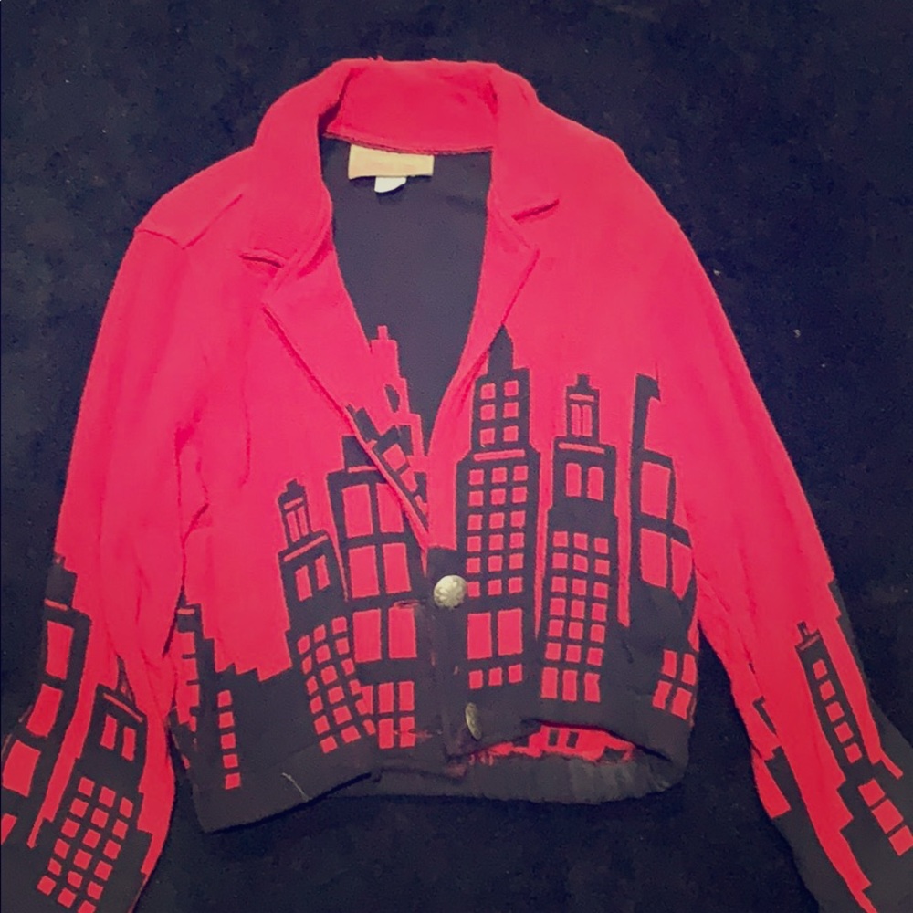 Red and black city scape button down sweater